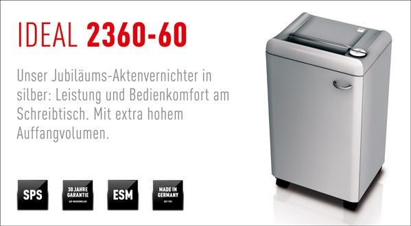 Unser Jubil&auml;ums-Aktenvernichter in silber: Leistung und Bedienkomfort am Schreibtisch. Mit extra hohem Auffangvolumen.